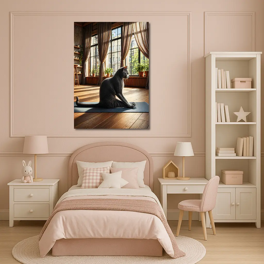 Russian Blue Cat Sitting on Yoga Mat – Wall Art