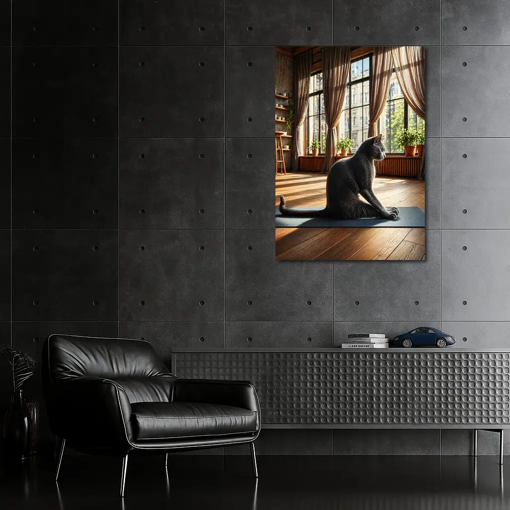 Russian Blue Cat Sitting on Yoga Mat – Wall Art