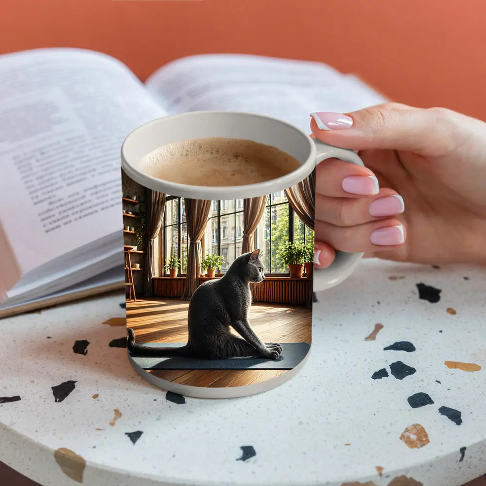 Russian Blue Cat Sitting on Yoga Mat – Mugs