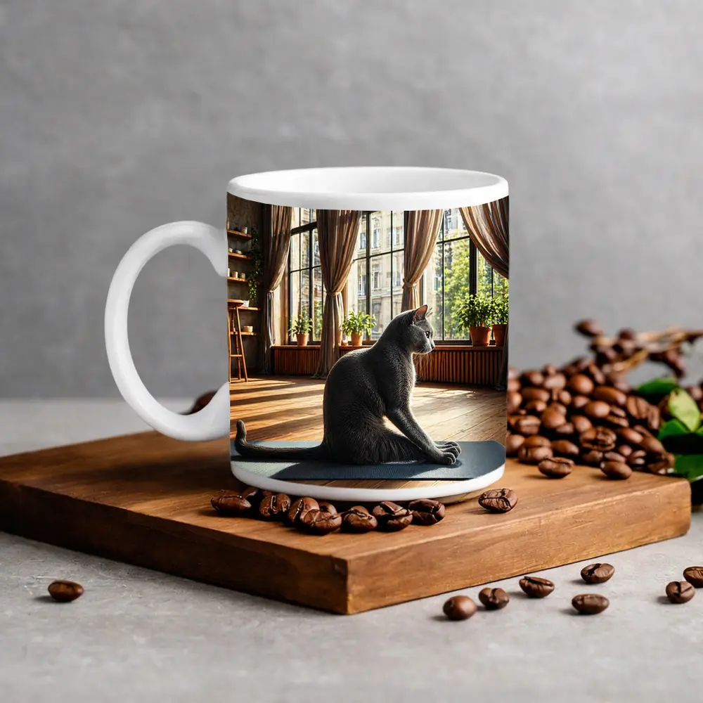 Russian Blue Cat Sitting on Yoga Mat – Mugs