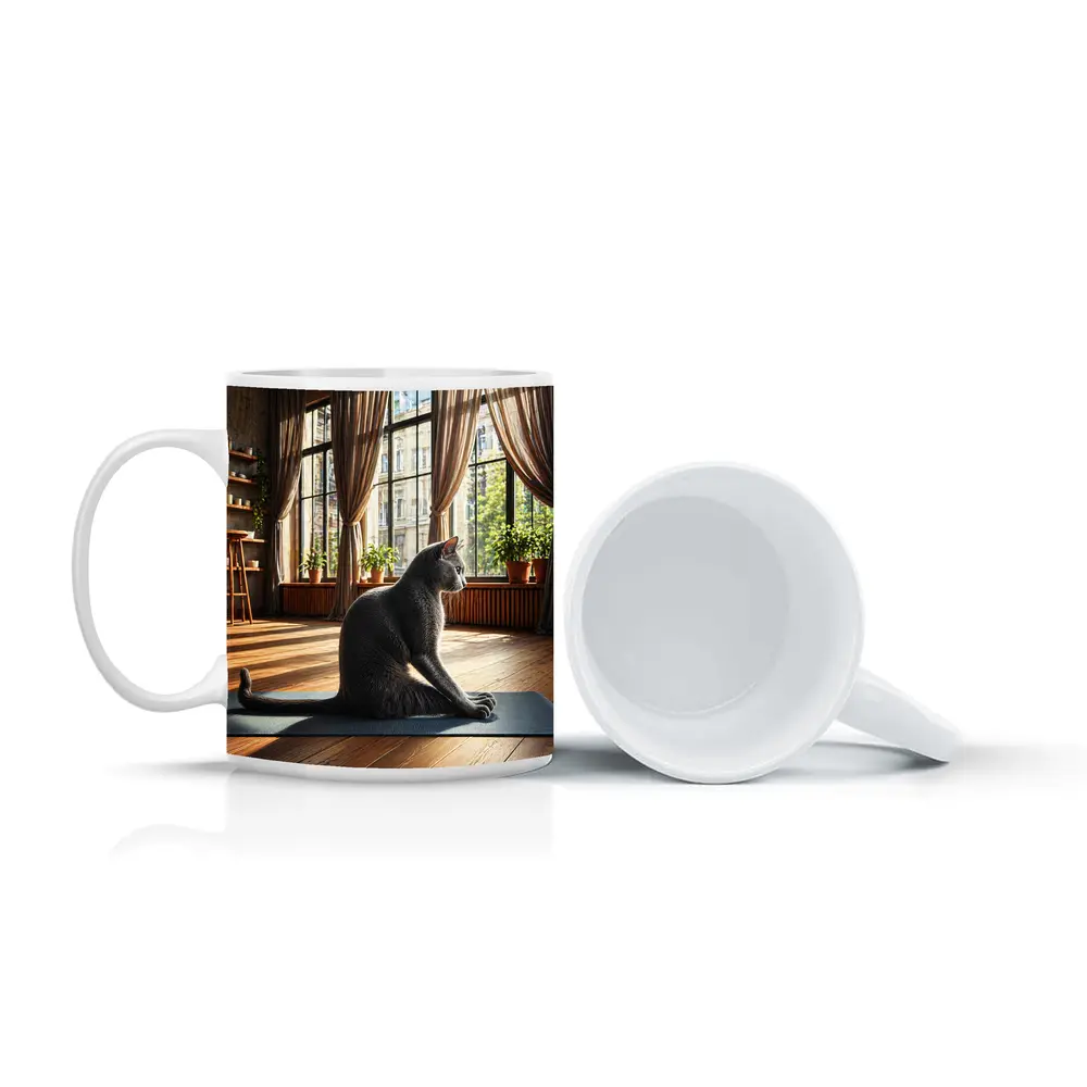 Russian Blue Cat Sitting on Yoga Mat – Mugs