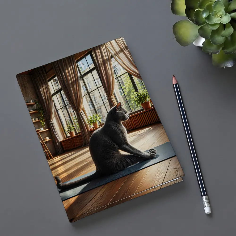 Russian Blue Cat Sitting on Yoga Mat – Notebooks