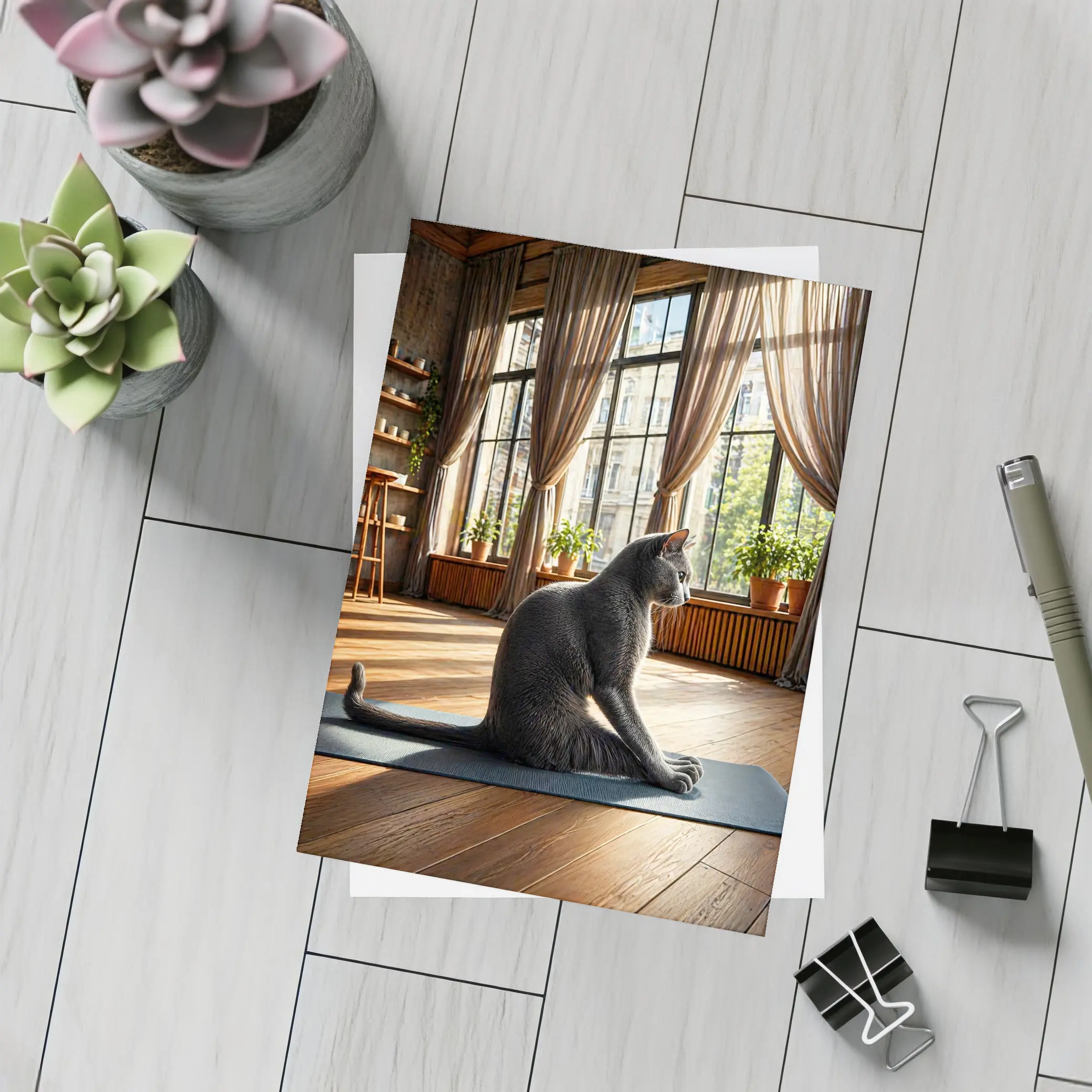 Russian Blue Cat Sitting on Yoga Mat – Postcards