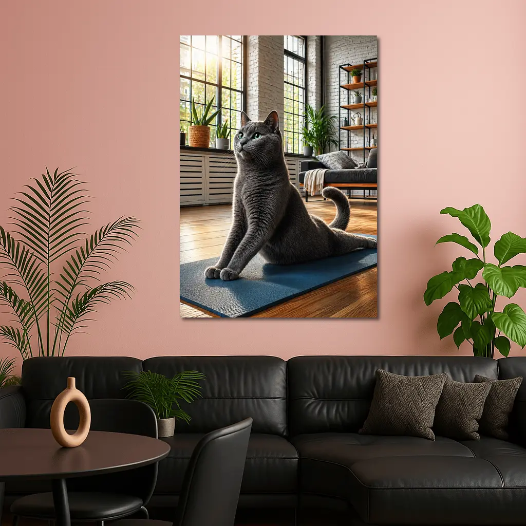 Russian Blue Cat Doing Yoga Indoors – Wall Art