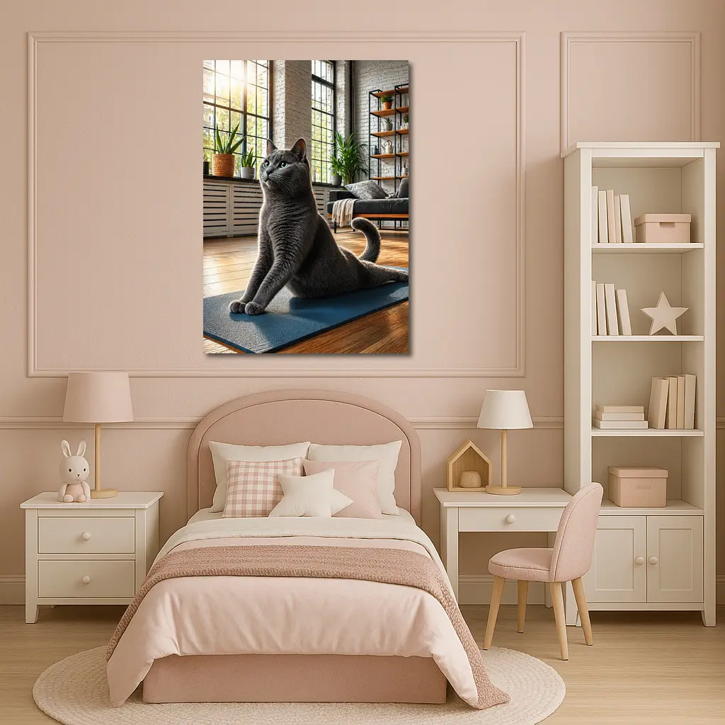 Russian Blue Cat Doing Yoga Indoors – Wall Art