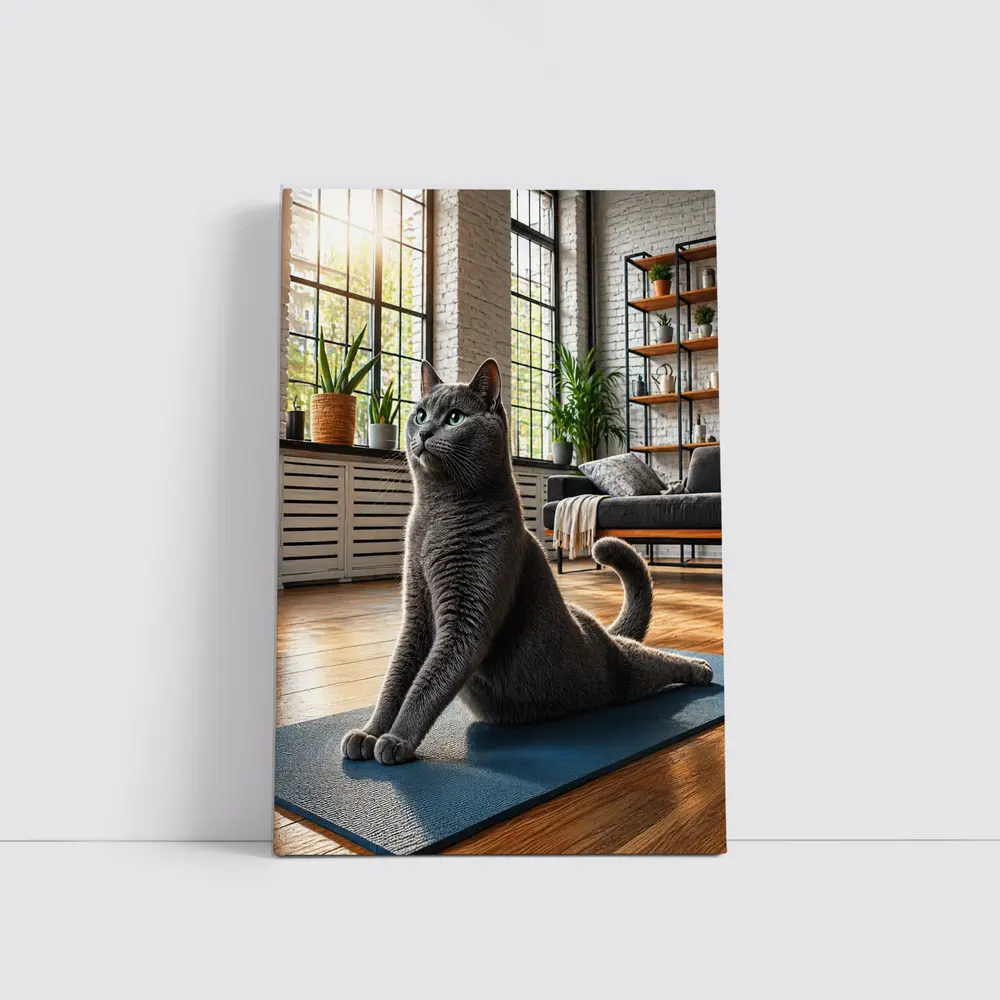 Russian Blue Cat Doing Yoga Indoors – Wall Art