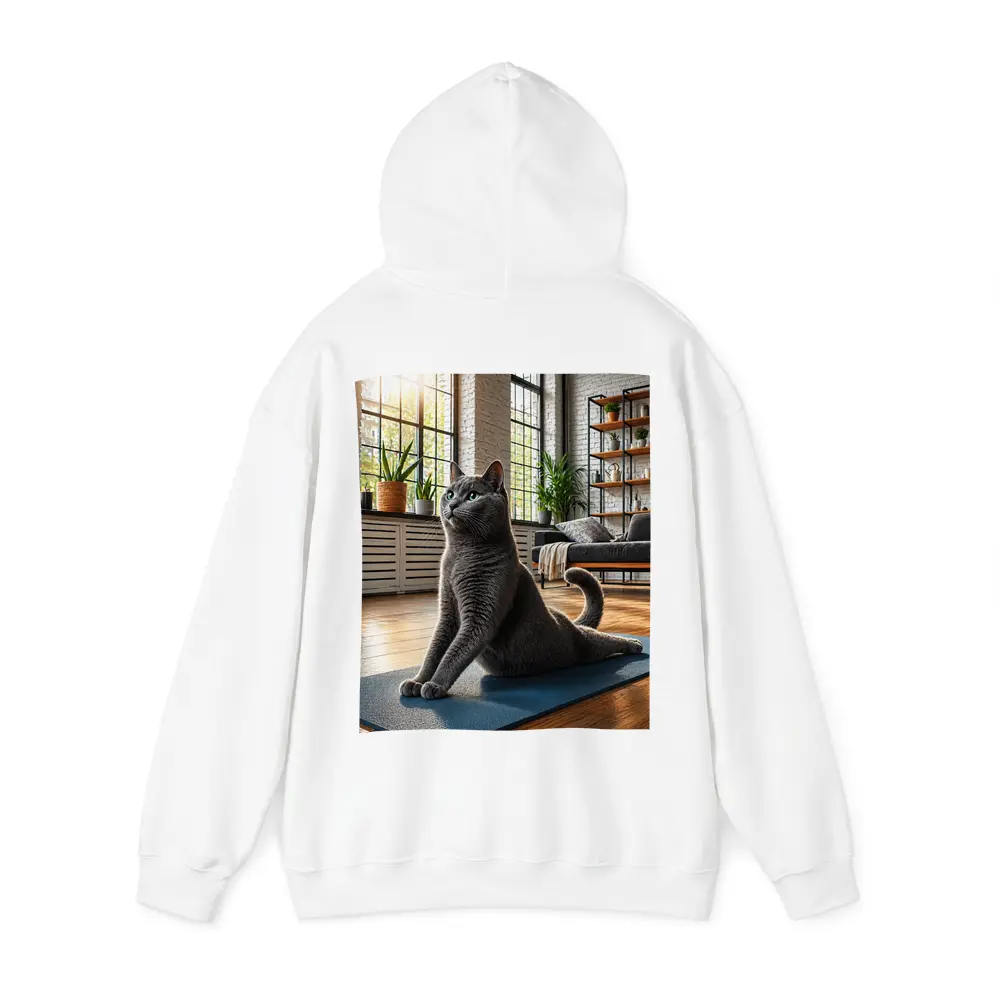 Russian Blue Cat Doing Yoga Indoors – Hoodies