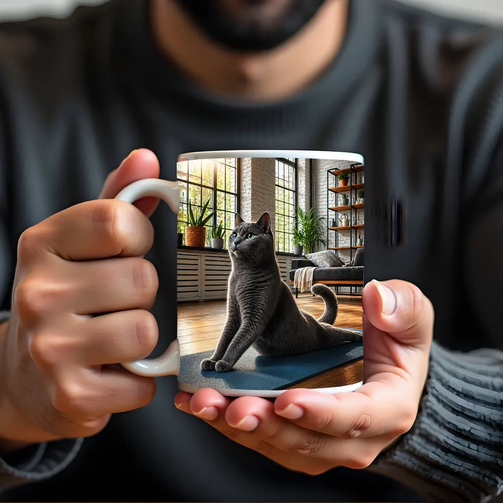 Russian Blue Cat Doing Yoga Indoors – Mugs