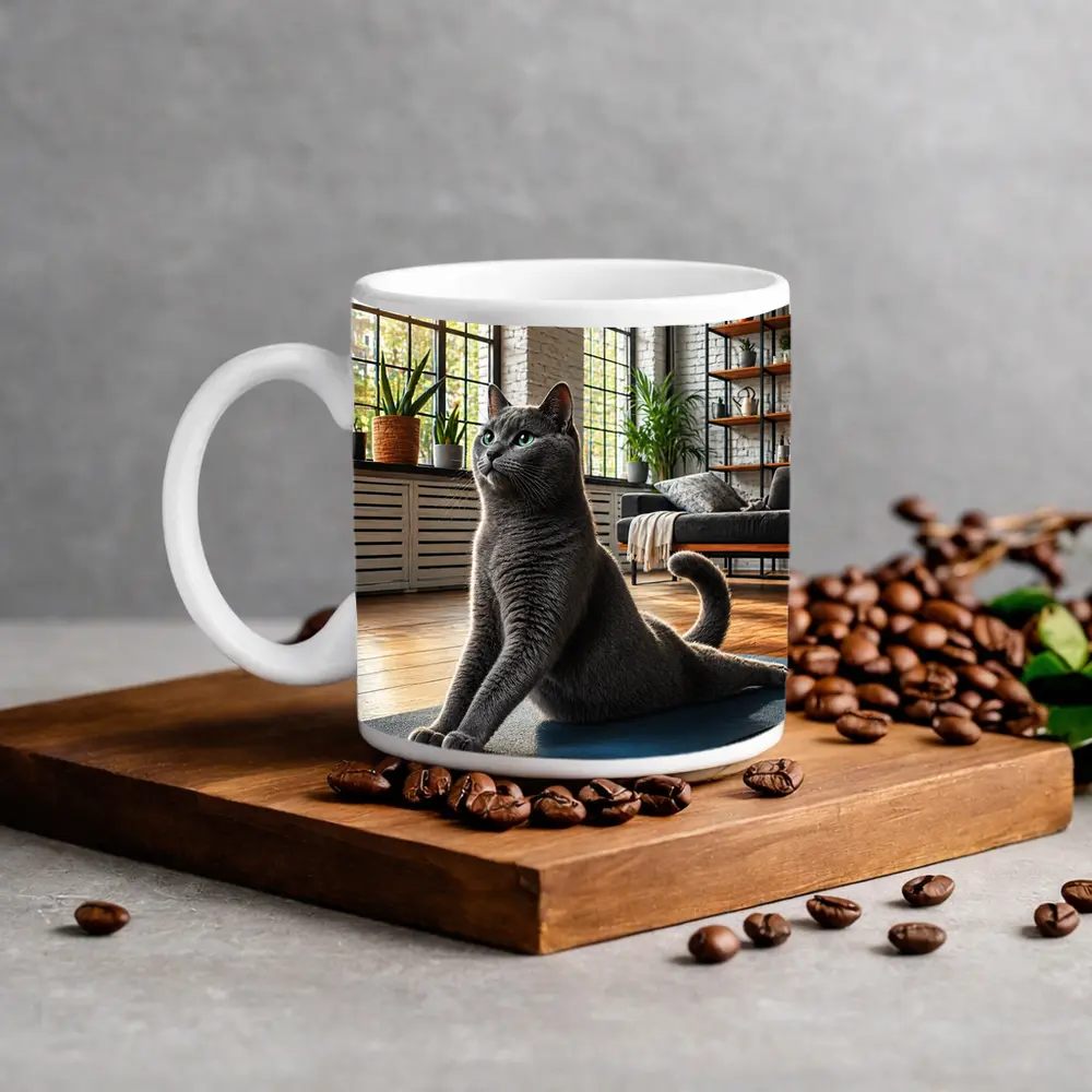 Russian Blue Cat Doing Yoga Indoors – Mugs