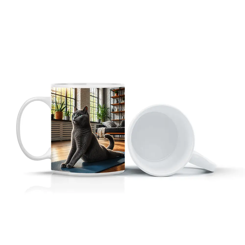 Russian Blue Cat Doing Yoga Indoors – Mugs