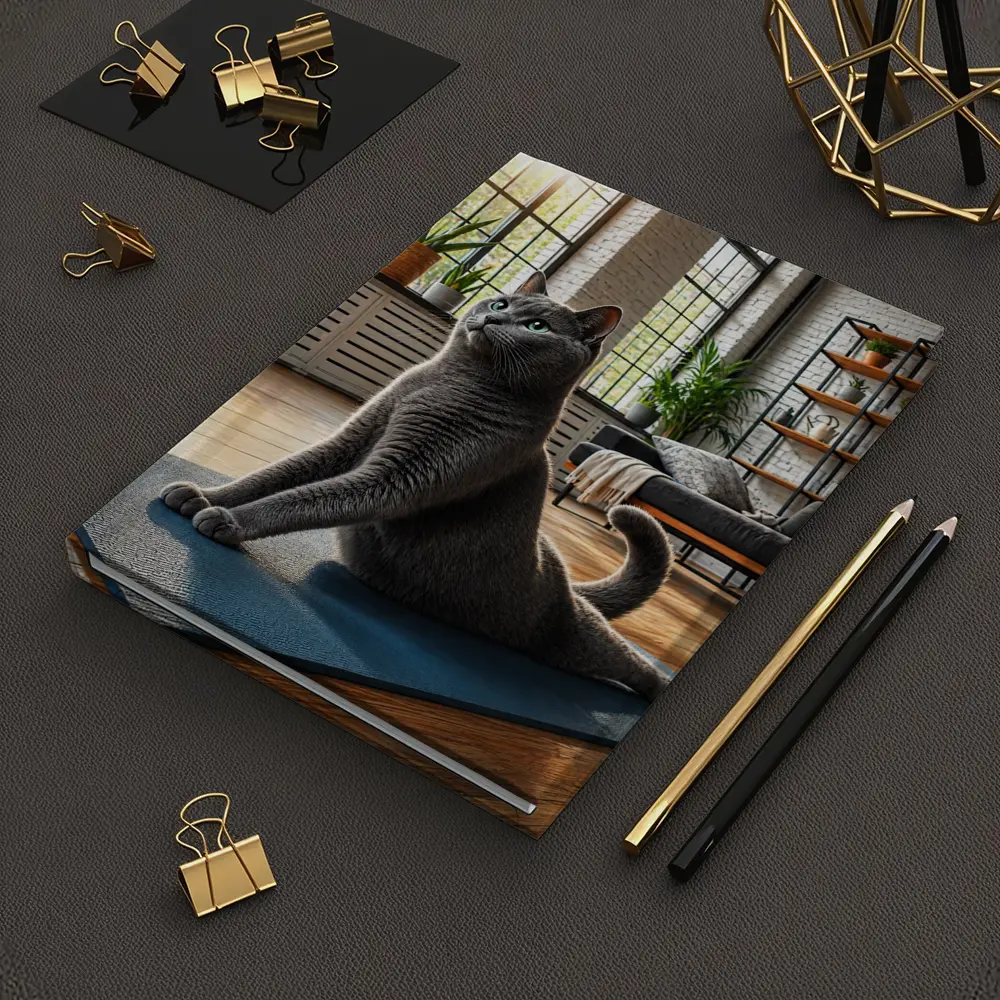 Russian Blue Cat Doing Yoga Indoors – Notebooks