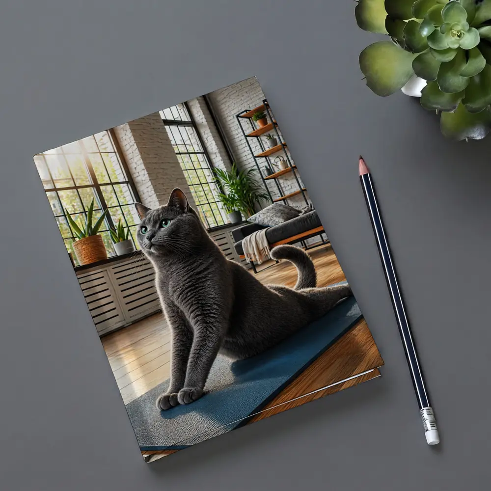 Russian Blue Cat Doing Yoga Indoors – Notebooks