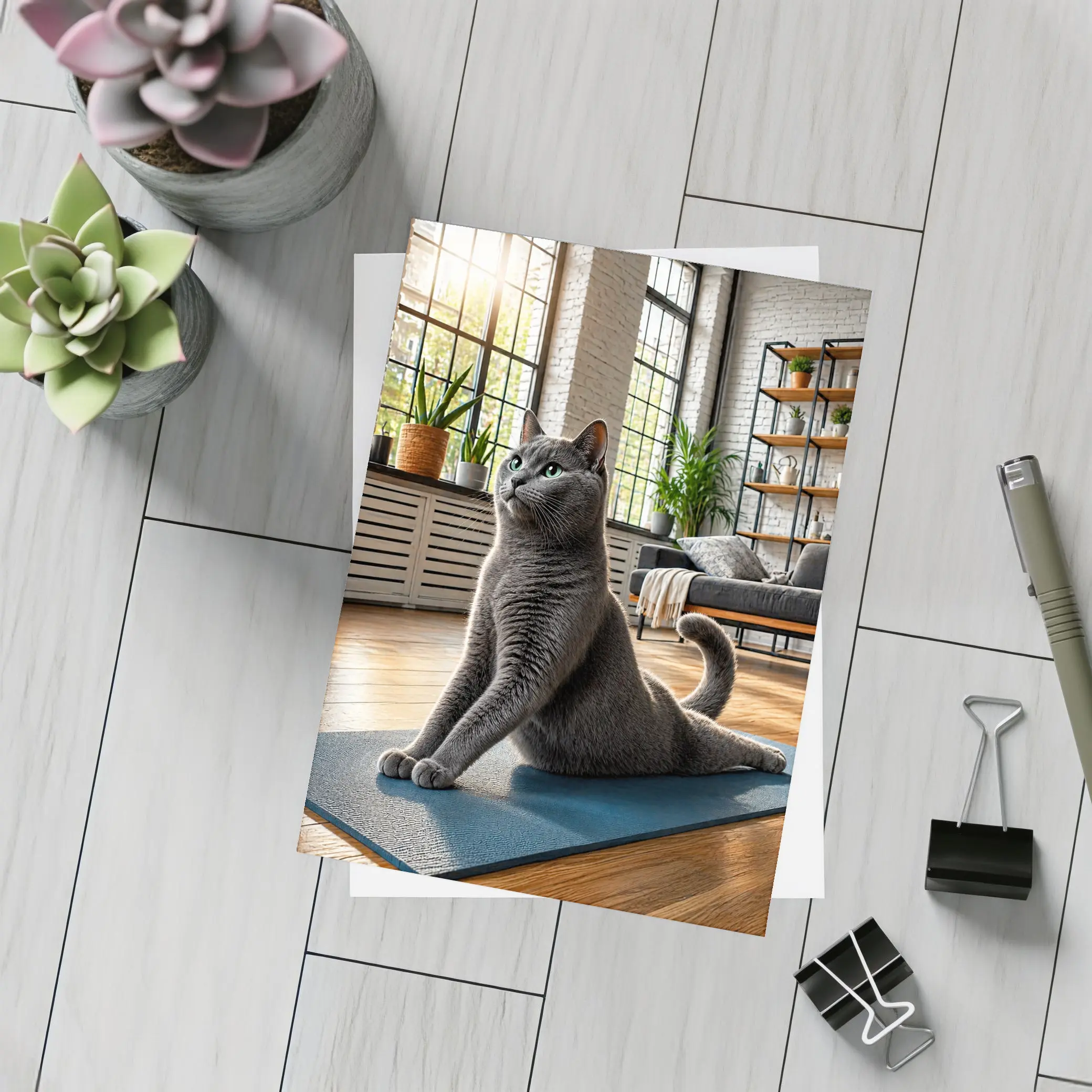 Russian Blue Cat Doing Yoga Indoors – Postcards