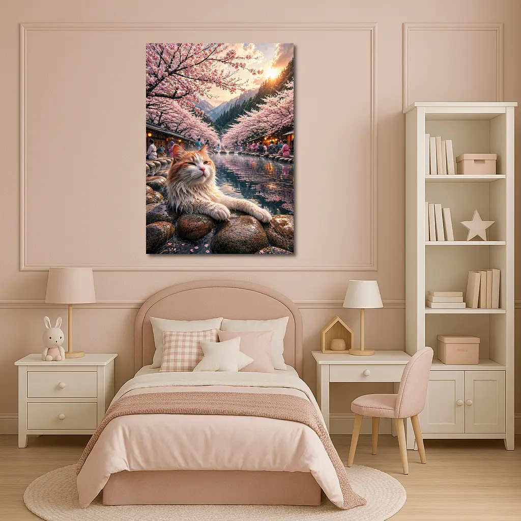Orange Cat Relaxing Japanese Onsen Cherry Blossoms – Wall Art