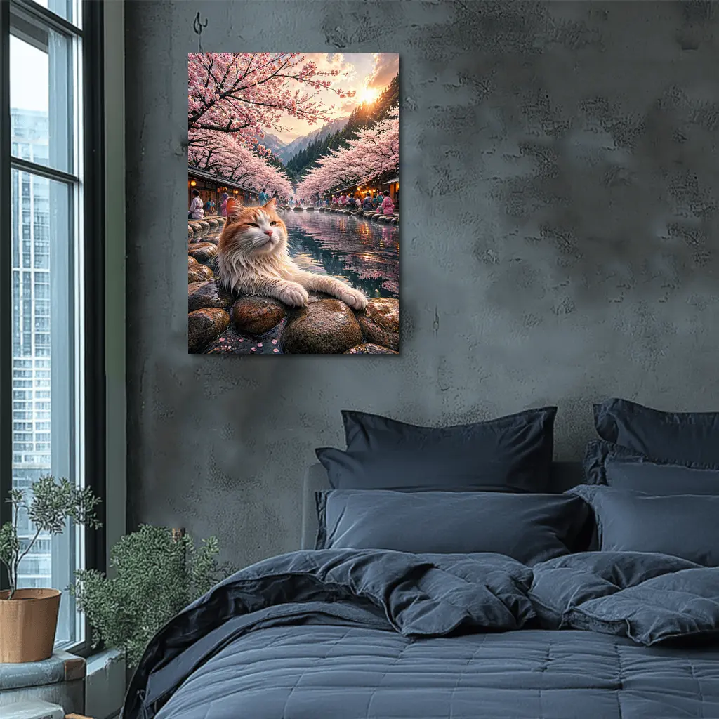 Orange Cat Relaxing Japanese Onsen Cherry Blossoms – Wall Art