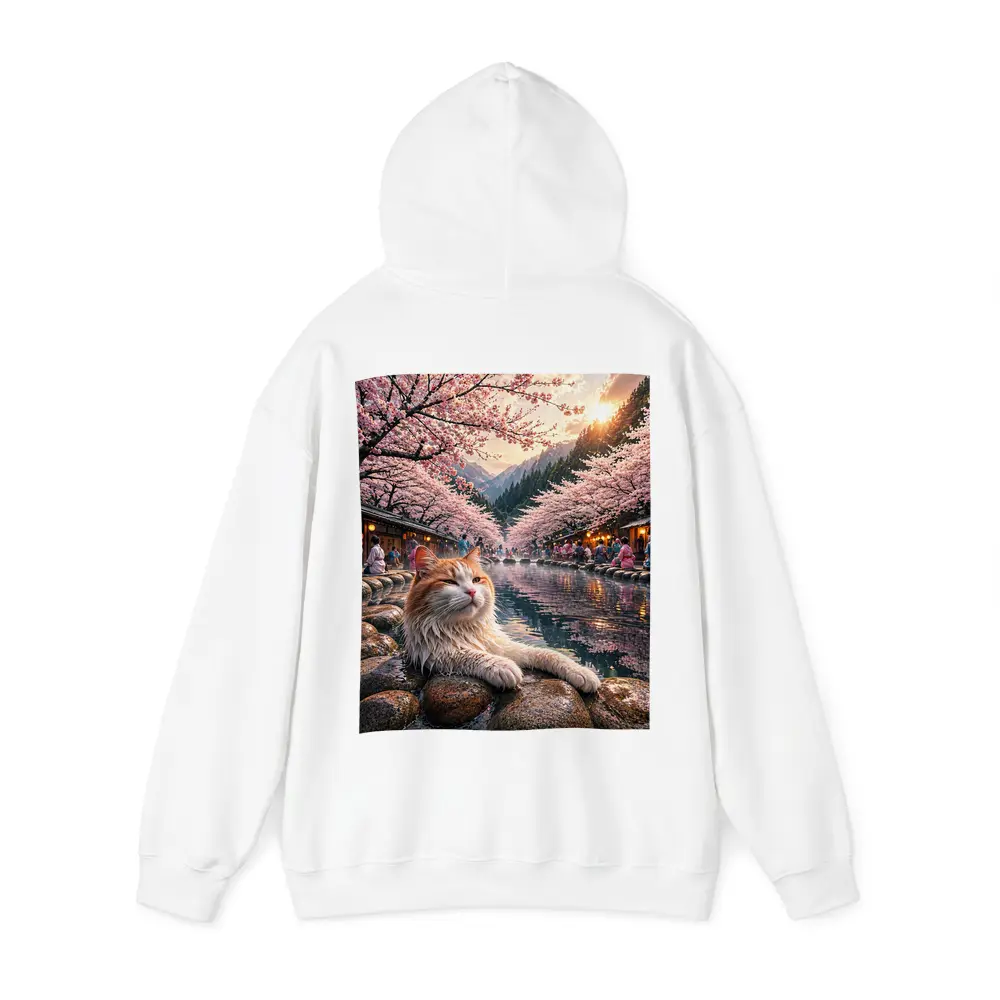 Orange Cat Relaxing Japanese Onsen Cherry Blossoms – Hoodies