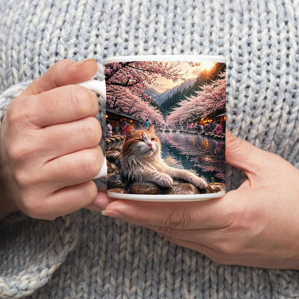 Orange Cat Relaxing Japanese Onsen Cherry Blossoms – Mugs