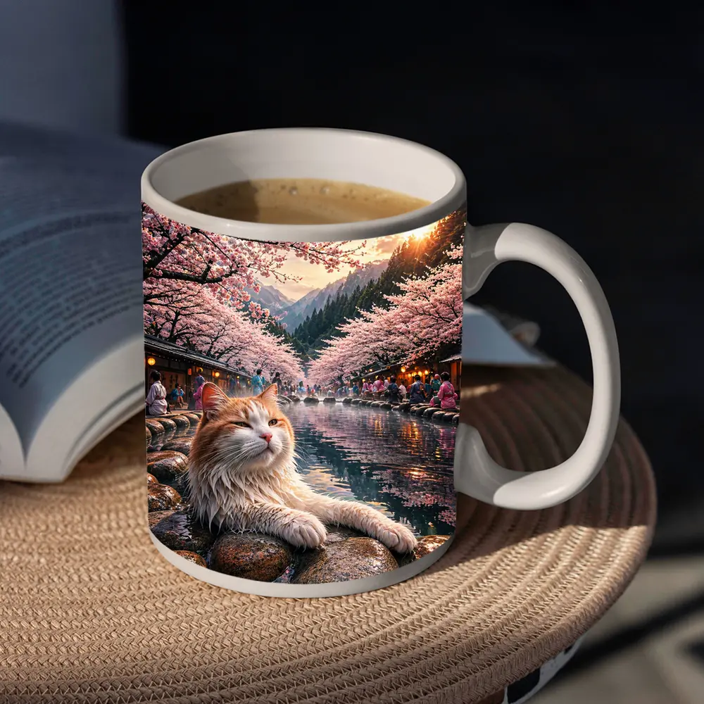 Orange Cat Relaxing Japanese Onsen Cherry Blossoms – Mugs