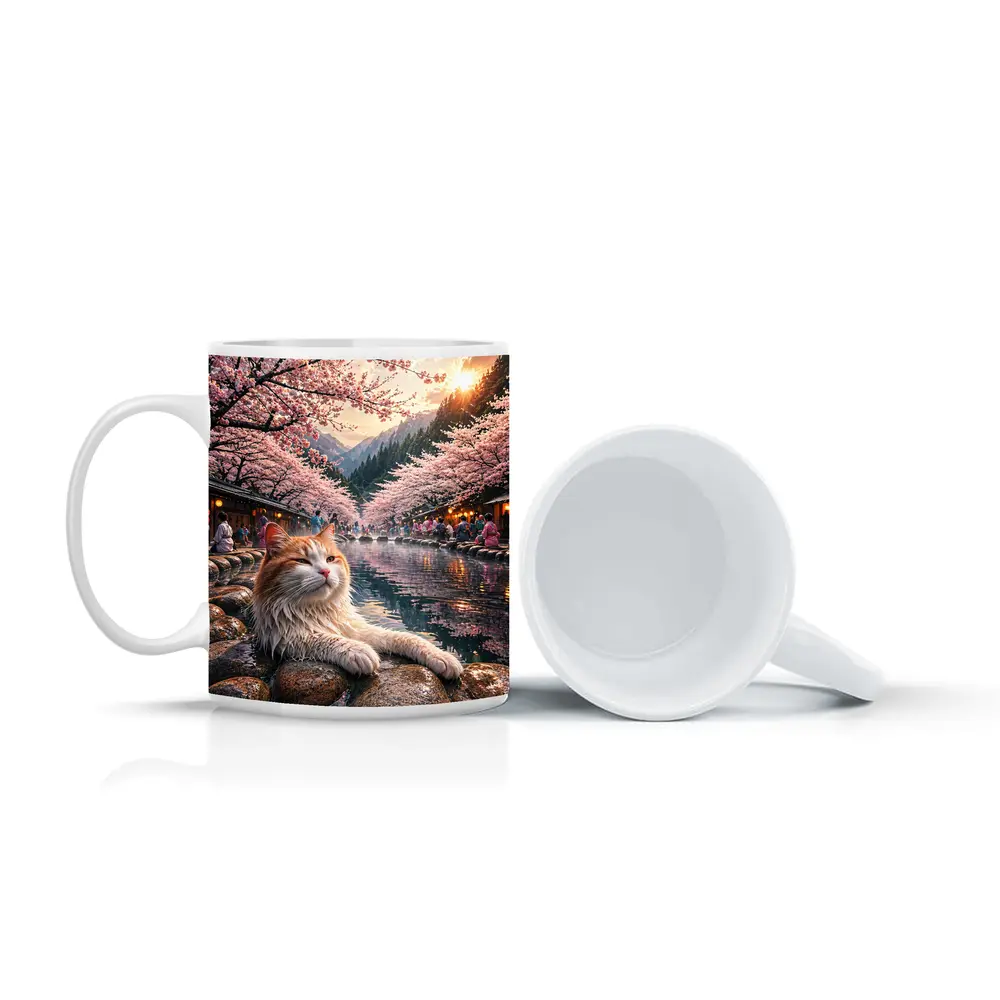 Orange Cat Relaxing Japanese Onsen Cherry Blossoms – Mugs