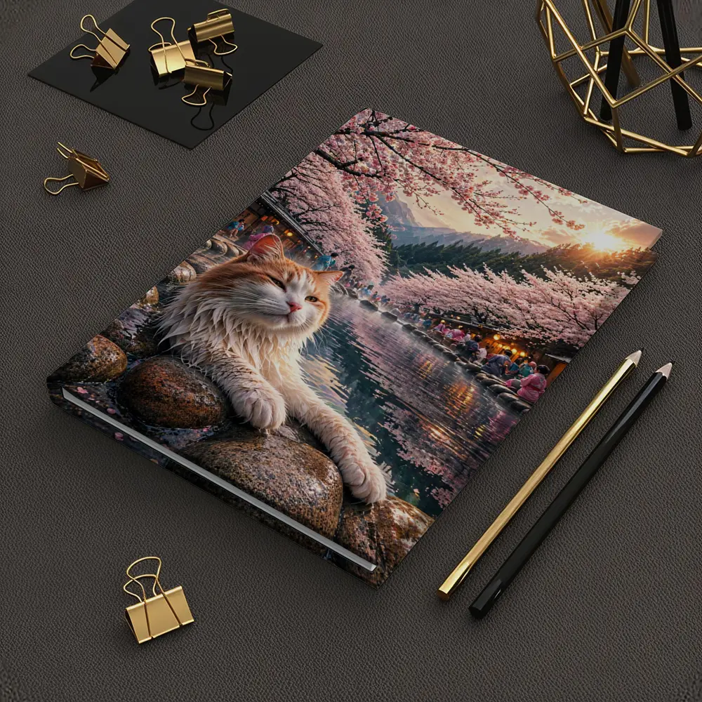 Orange Cat Relaxing Japanese Onsen Cherry Blossoms – Notebooks