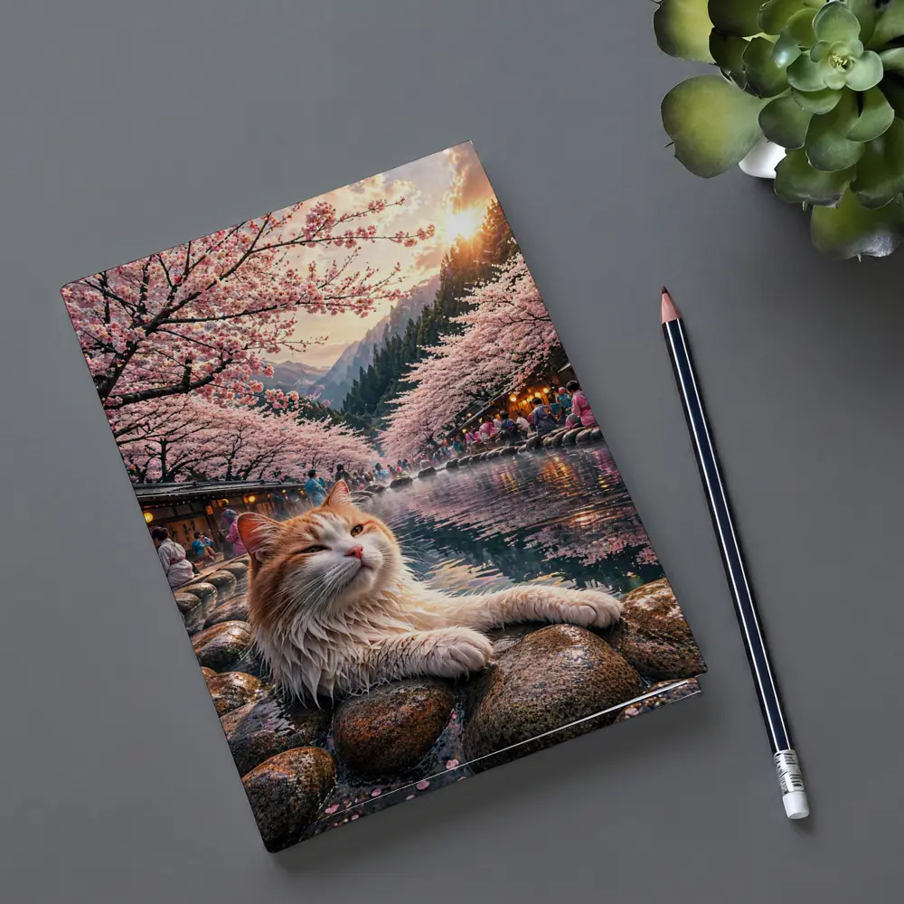 Orange Cat Relaxing Japanese Onsen Cherry Blossoms – Notebooks