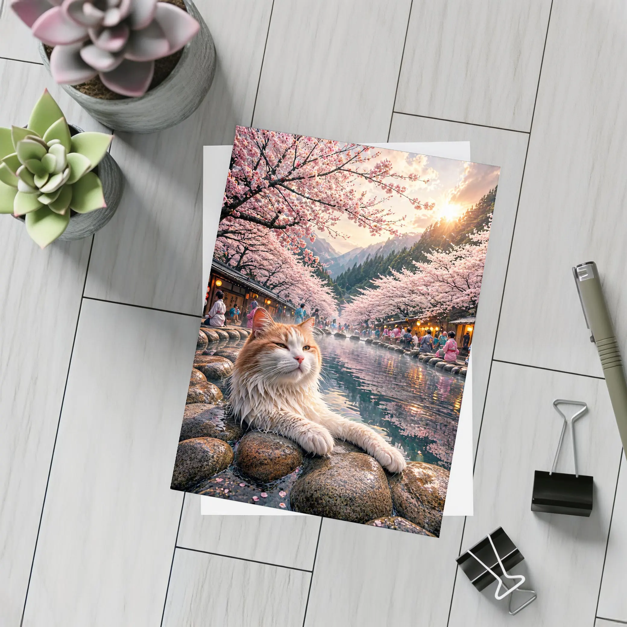 Orange Cat Relaxing Japanese Onsen Cherry Blossoms – Postcards