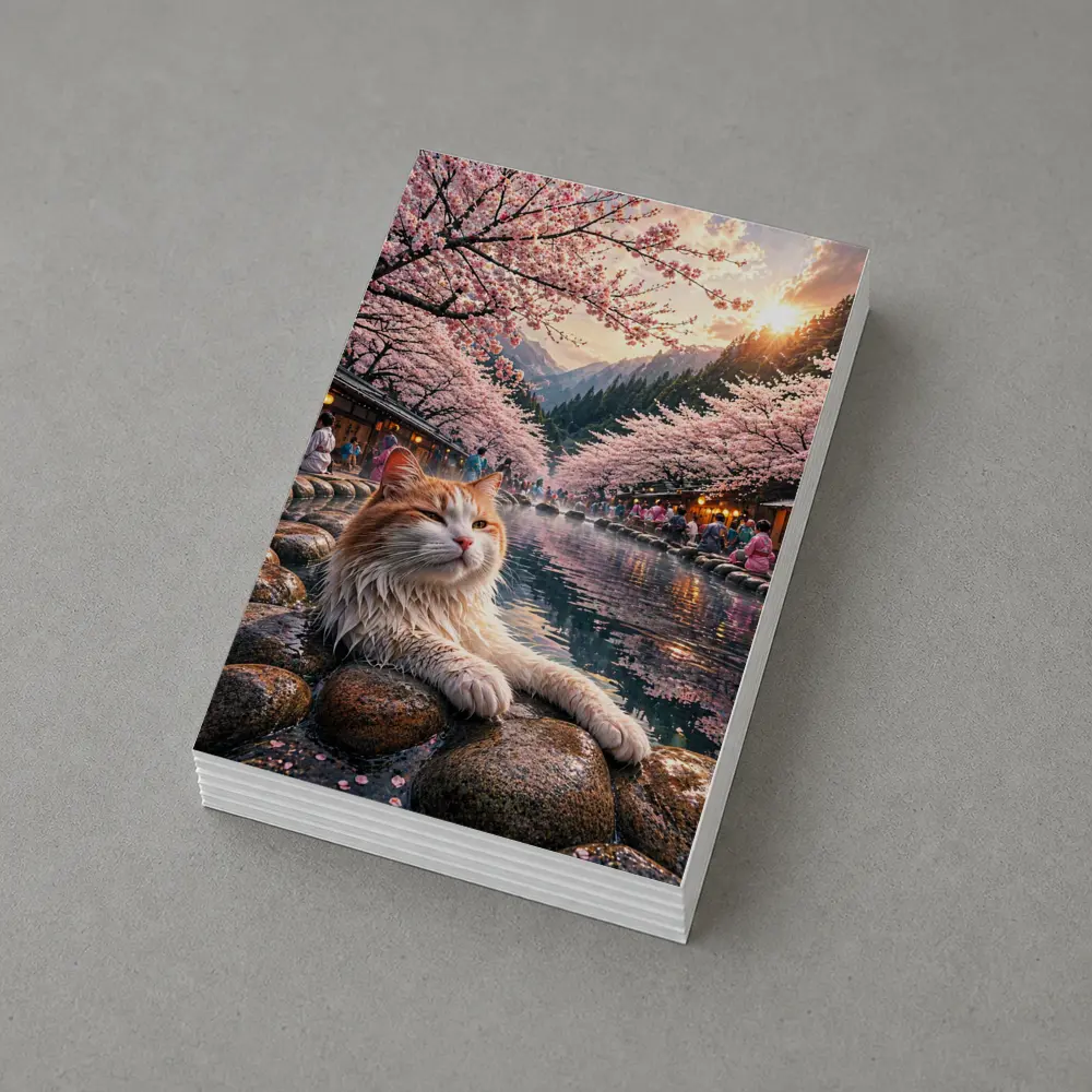 Orange Cat Relaxing Japanese Onsen Cherry Blossoms – Postcards