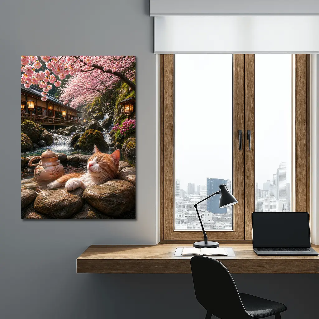 Orange Cat Resting by Cherry Blossom Waterfall – Wall Art