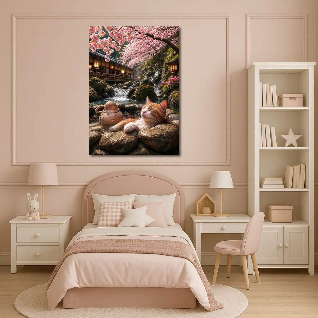 Orange Cat Resting by Cherry Blossom Waterfall – Wall Art
