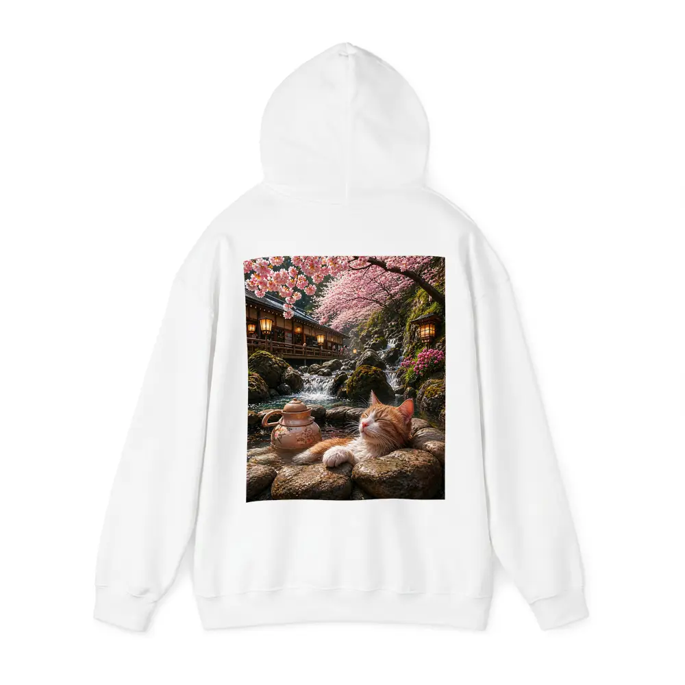 Orange Cat Resting by Cherry Blossom Waterfall – Hoodies