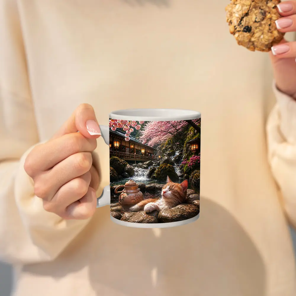 Orange Cat Resting by Cherry Blossom Waterfall – Mugs