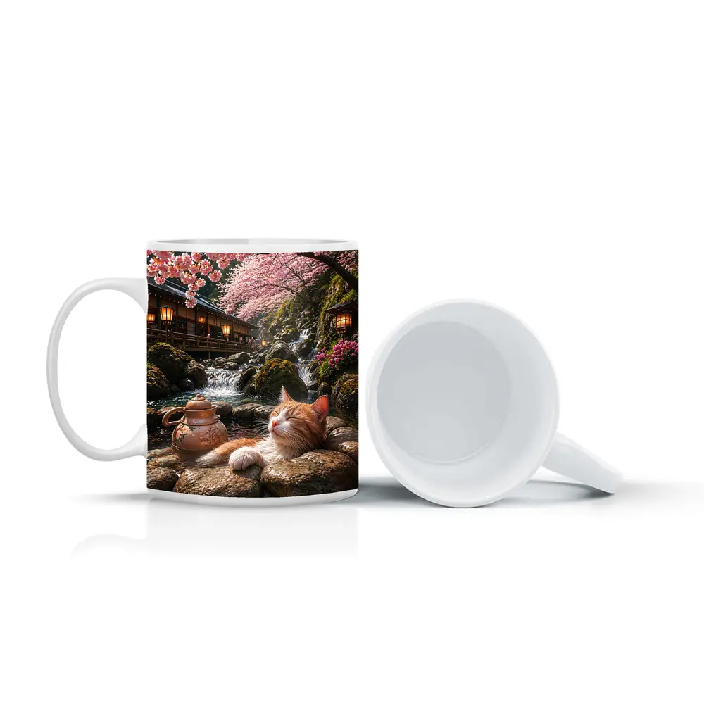 Orange Cat Resting by Cherry Blossom Waterfall – Mugs