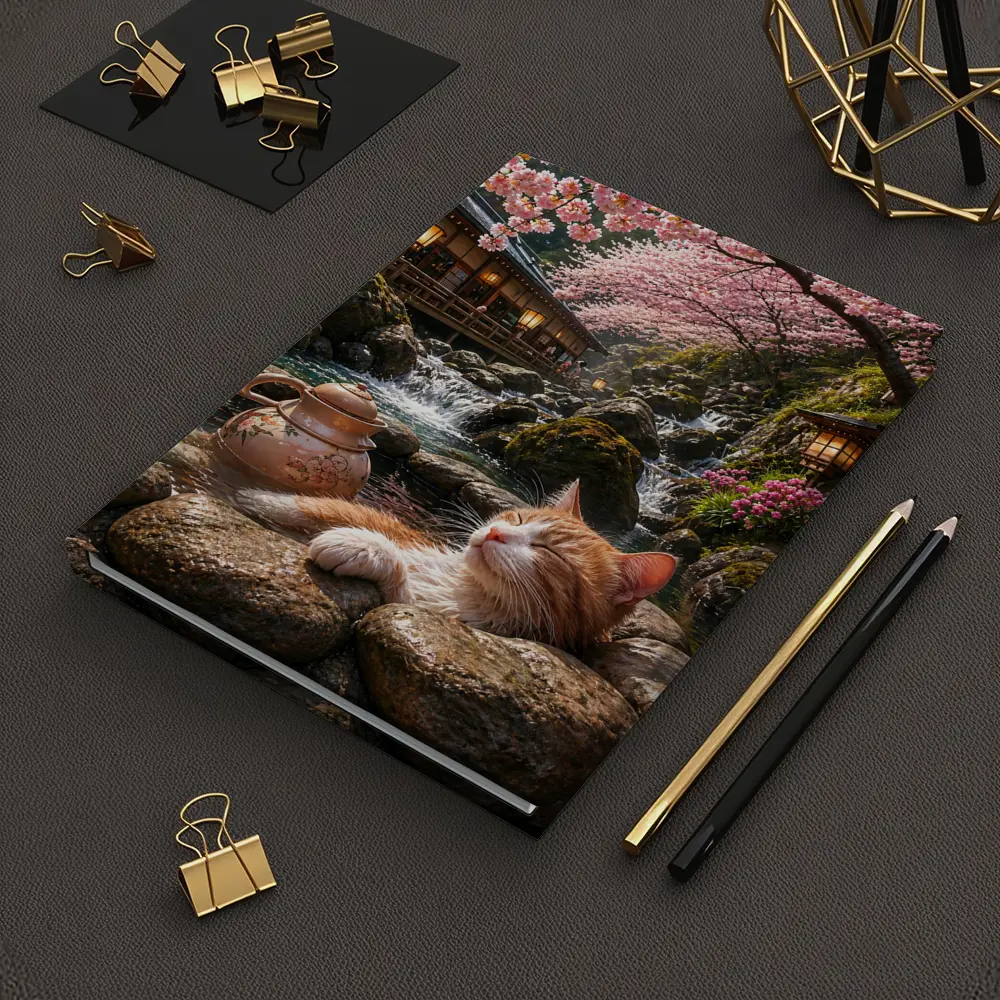 Orange Cat Resting by Cherry Blossom Waterfall – Notebooks