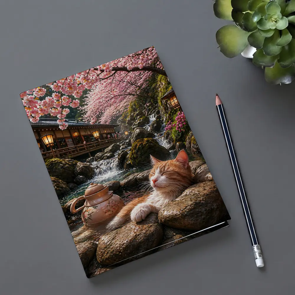 Orange Cat Resting by Cherry Blossom Waterfall – Notebooks