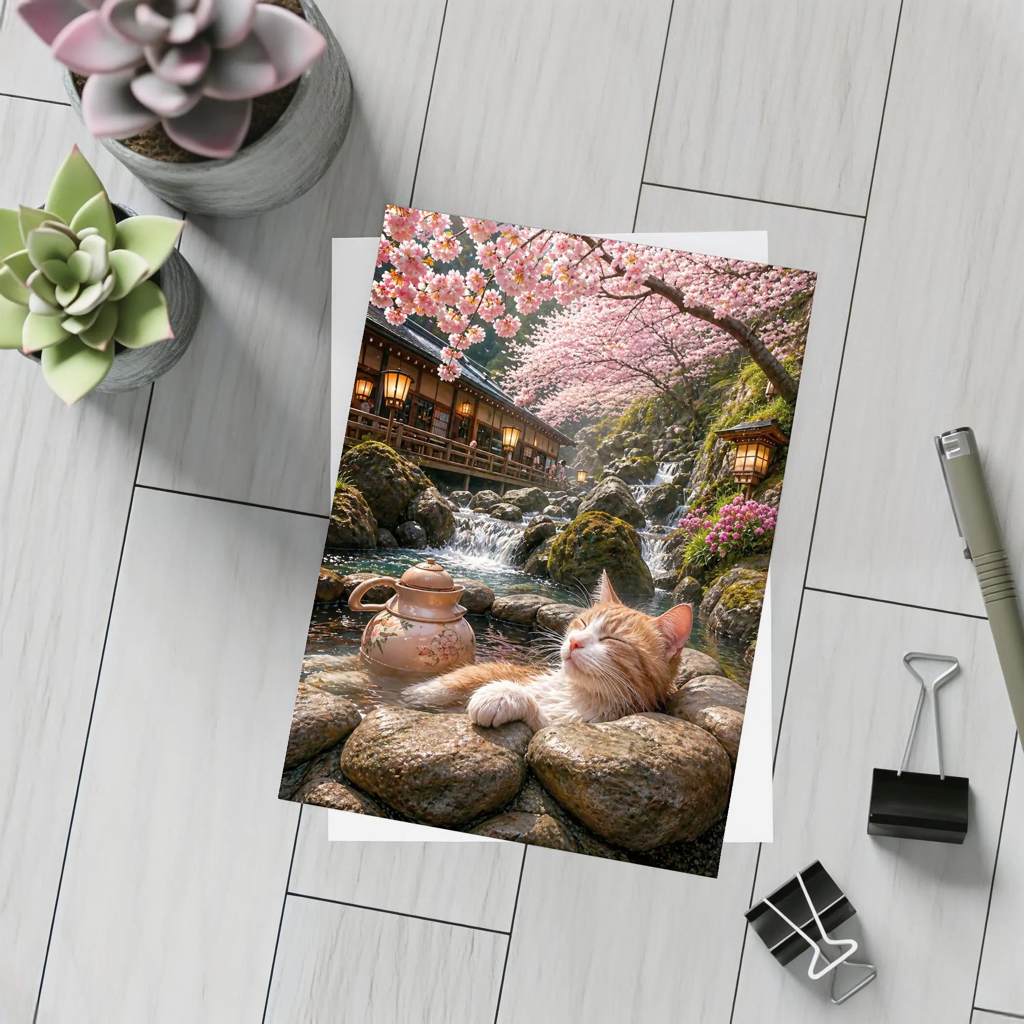 Orange Cat Resting by Cherry Blossom Waterfall – Postcards