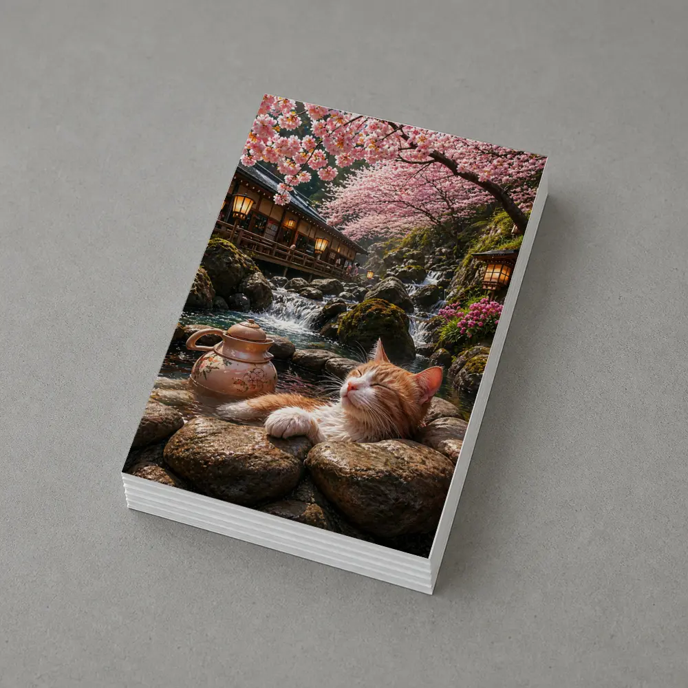 Orange Cat Resting by Cherry Blossom Waterfall – Postcards