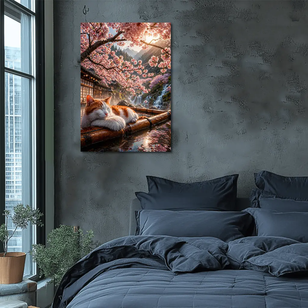 Orange White Cat Resting Under Cherry Blossoms – Wall Art