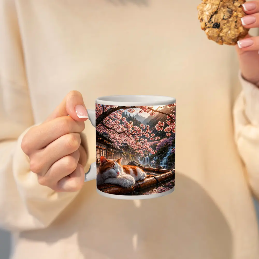 Orange White Cat Resting Under Cherry Blossoms – Mugs