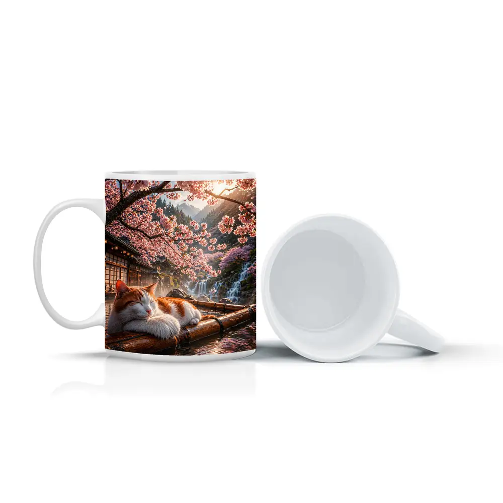 Orange White Cat Resting Under Cherry Blossoms – Mugs