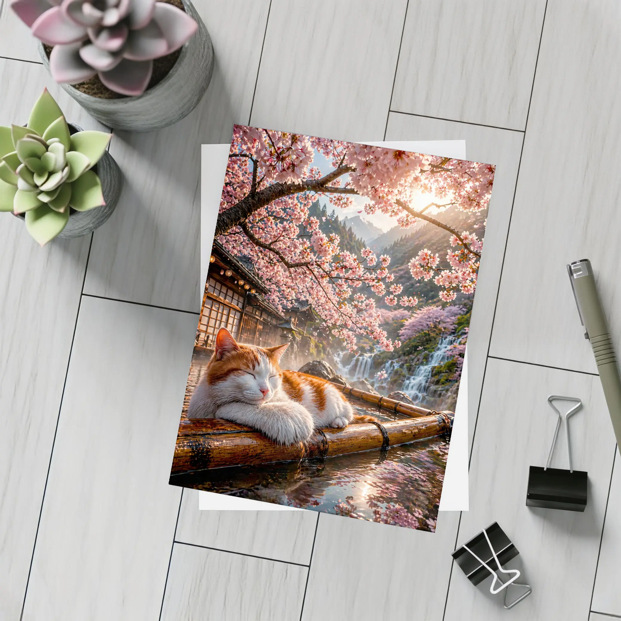 Orange White Cat Resting Under Cherry Blossoms – Postcards