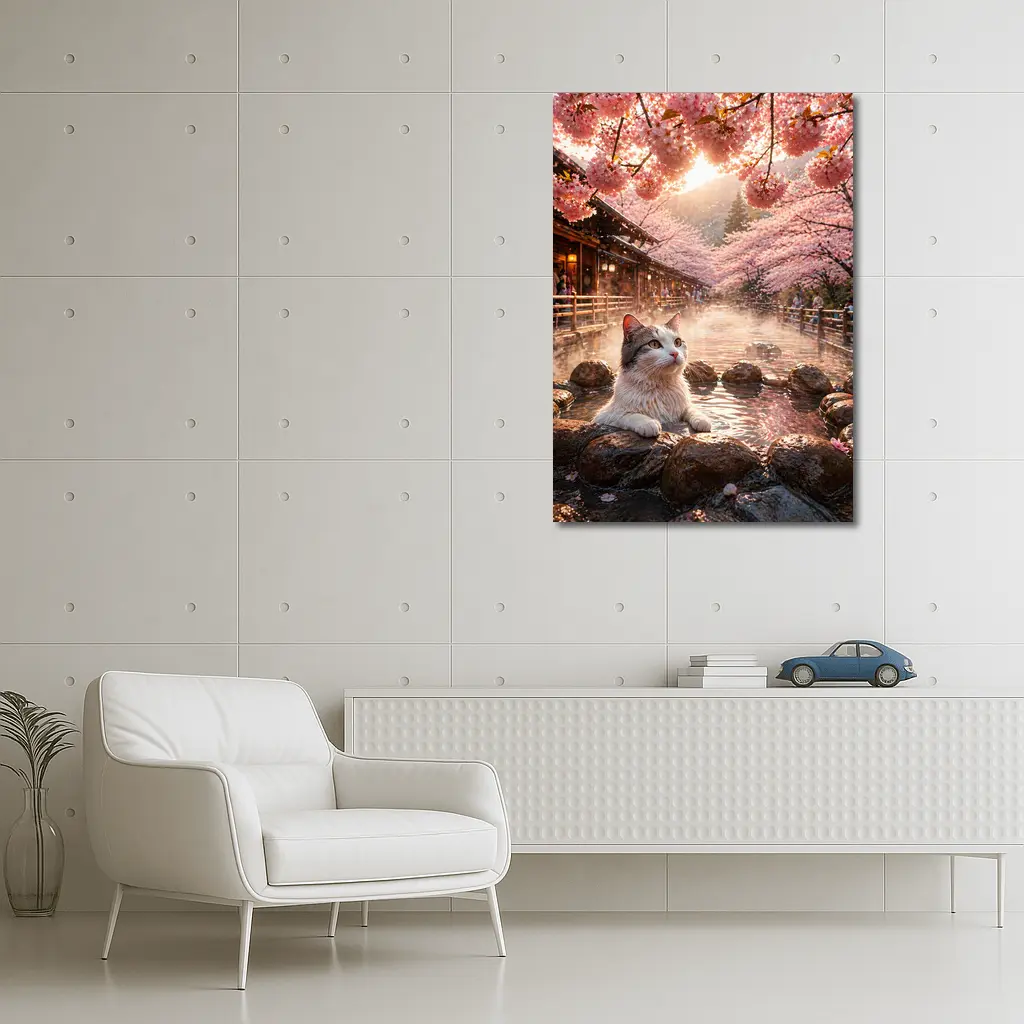 Cat Relaxing in Japanese Hot Spring Sakura – Wall Art