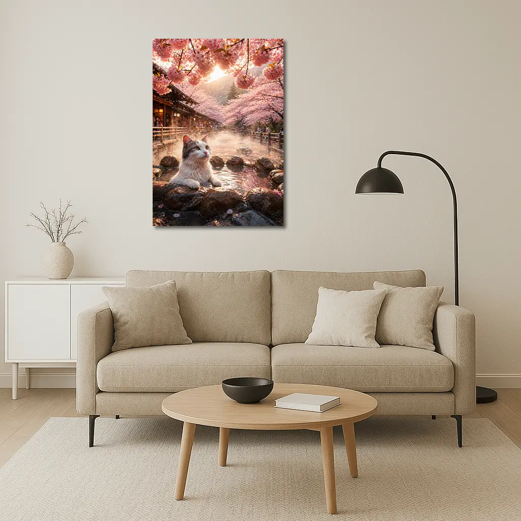 Cat Relaxing in Japanese Hot Spring Sakura – Wall Art