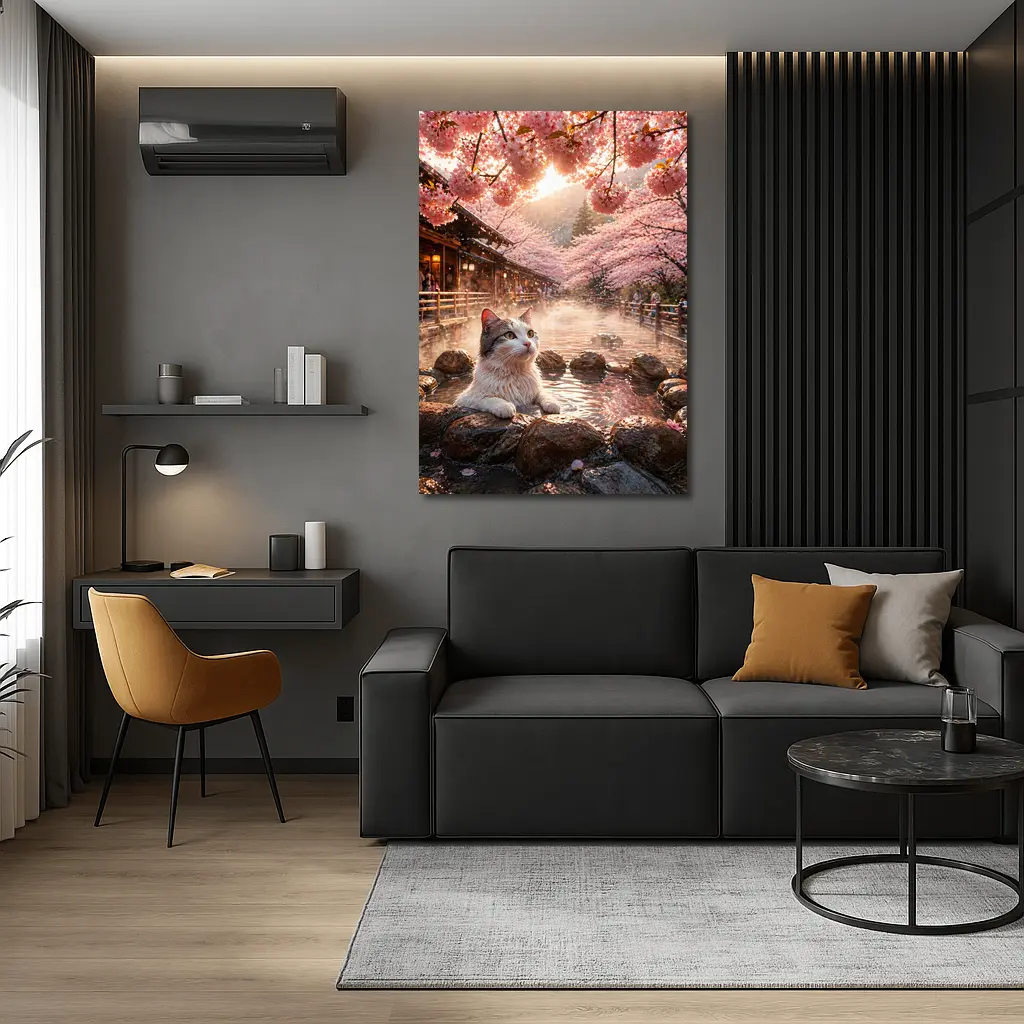 Cat Relaxing in Japanese Hot Spring Sakura – Wall Art
