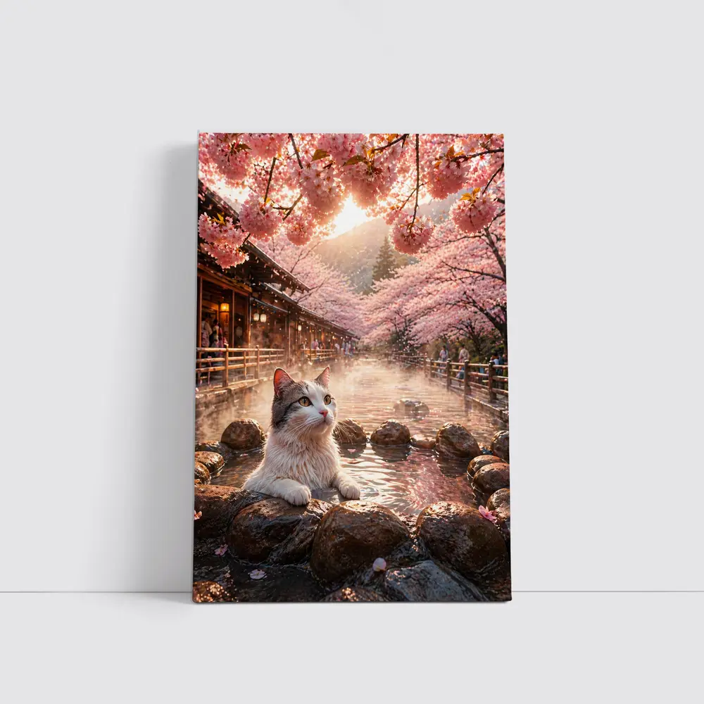 Cat Relaxing in Japanese Hot Spring Sakura – Wall Art