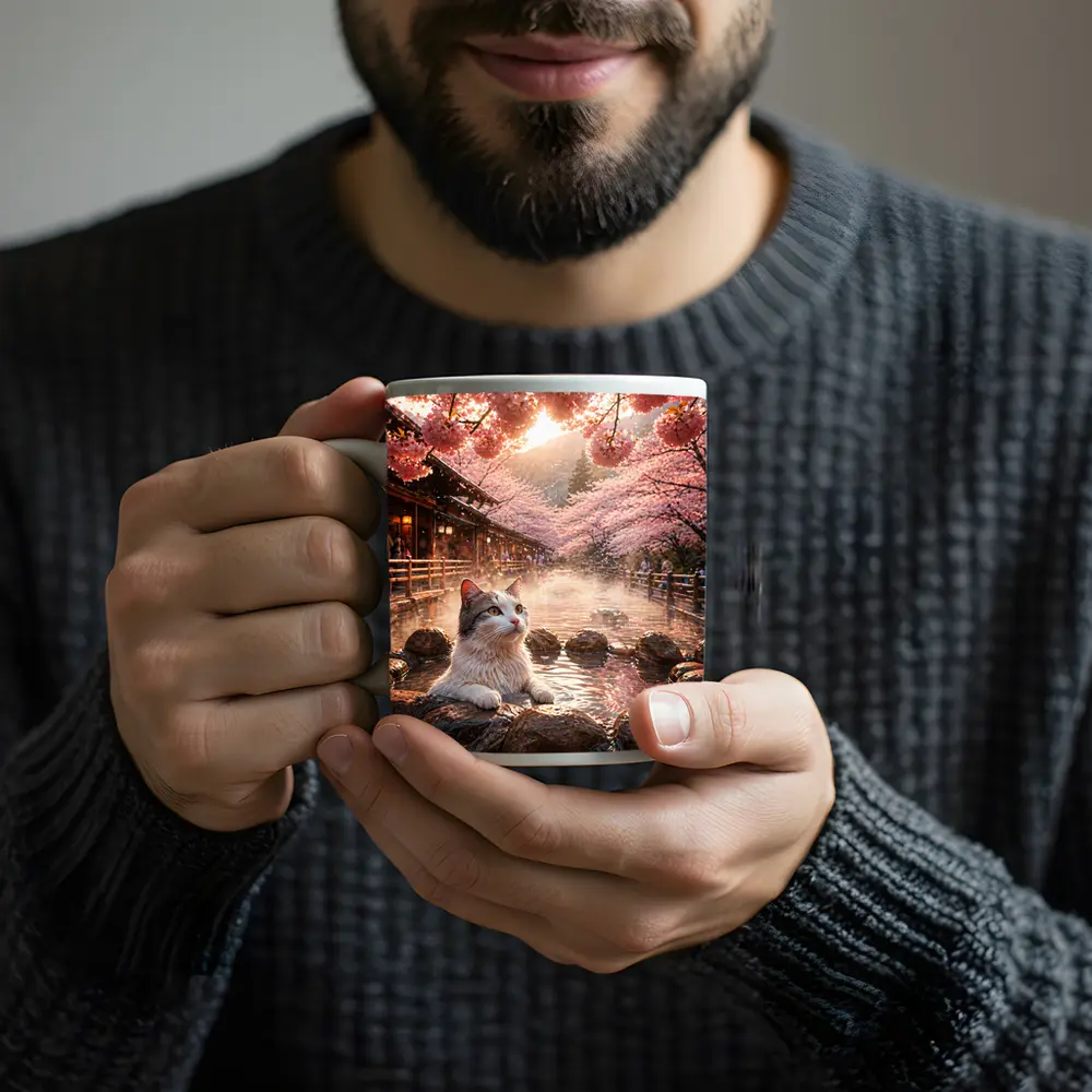 Cat Relaxing in Japanese Hot Spring Sakura – Mugs