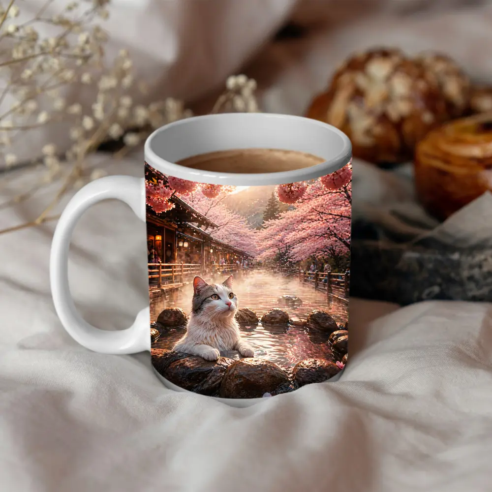 Cat Relaxing in Japanese Hot Spring Sakura – Mugs
