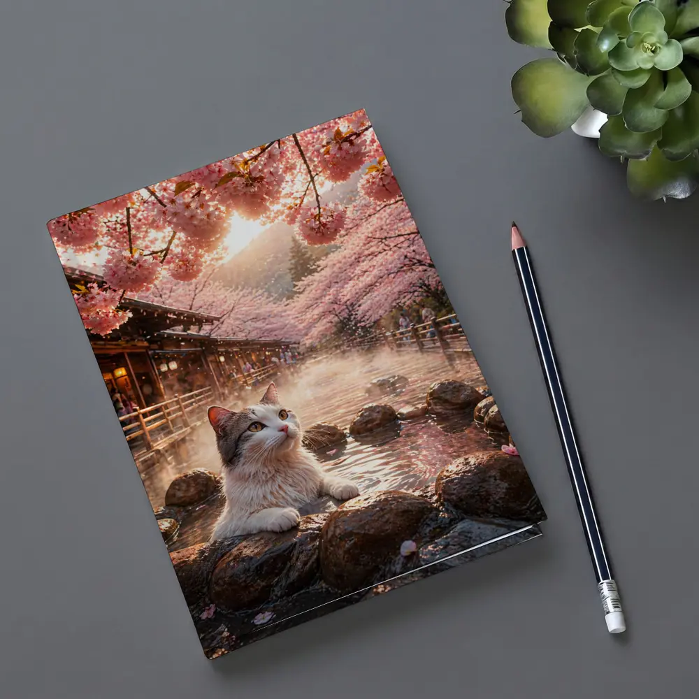 Cat Relaxing in Japanese Hot Spring Sakura – Notebooks