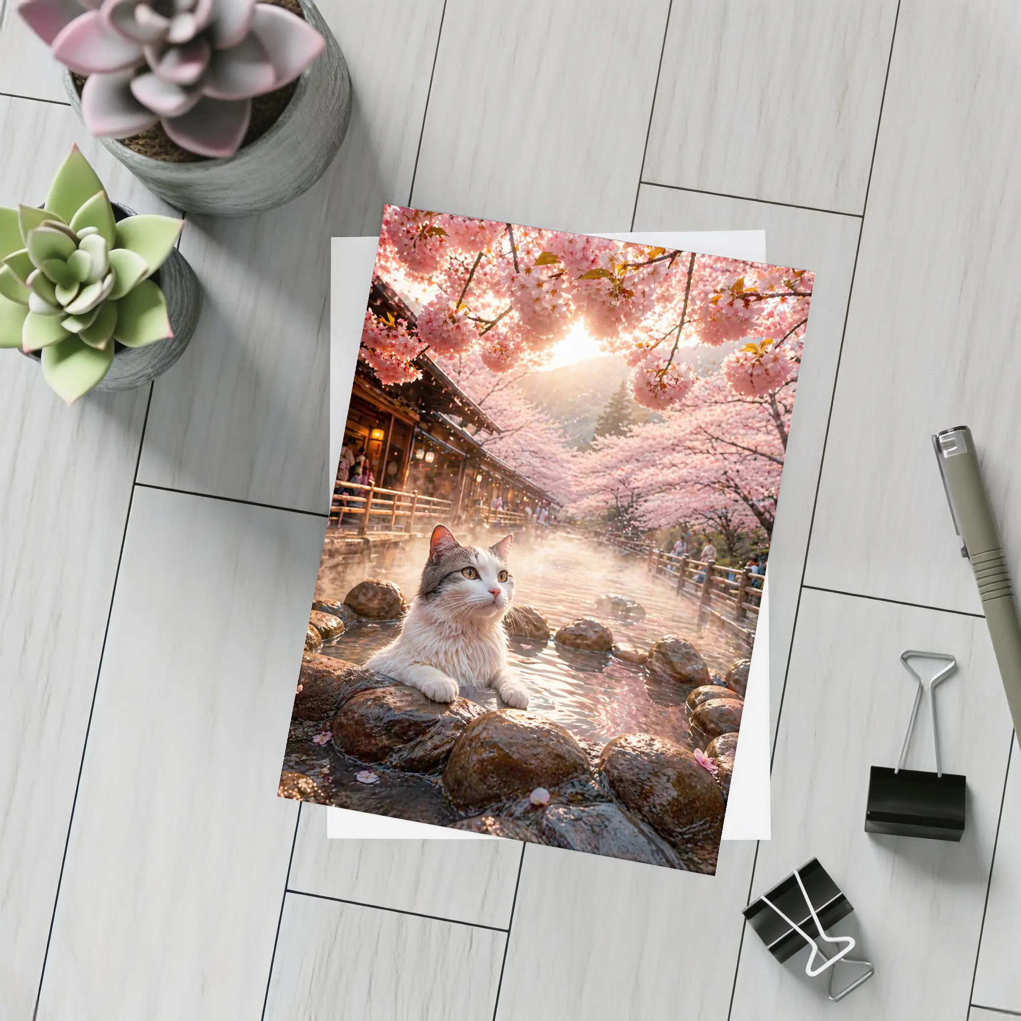 Cat Relaxing in Japanese Hot Spring Sakura – Postcards
