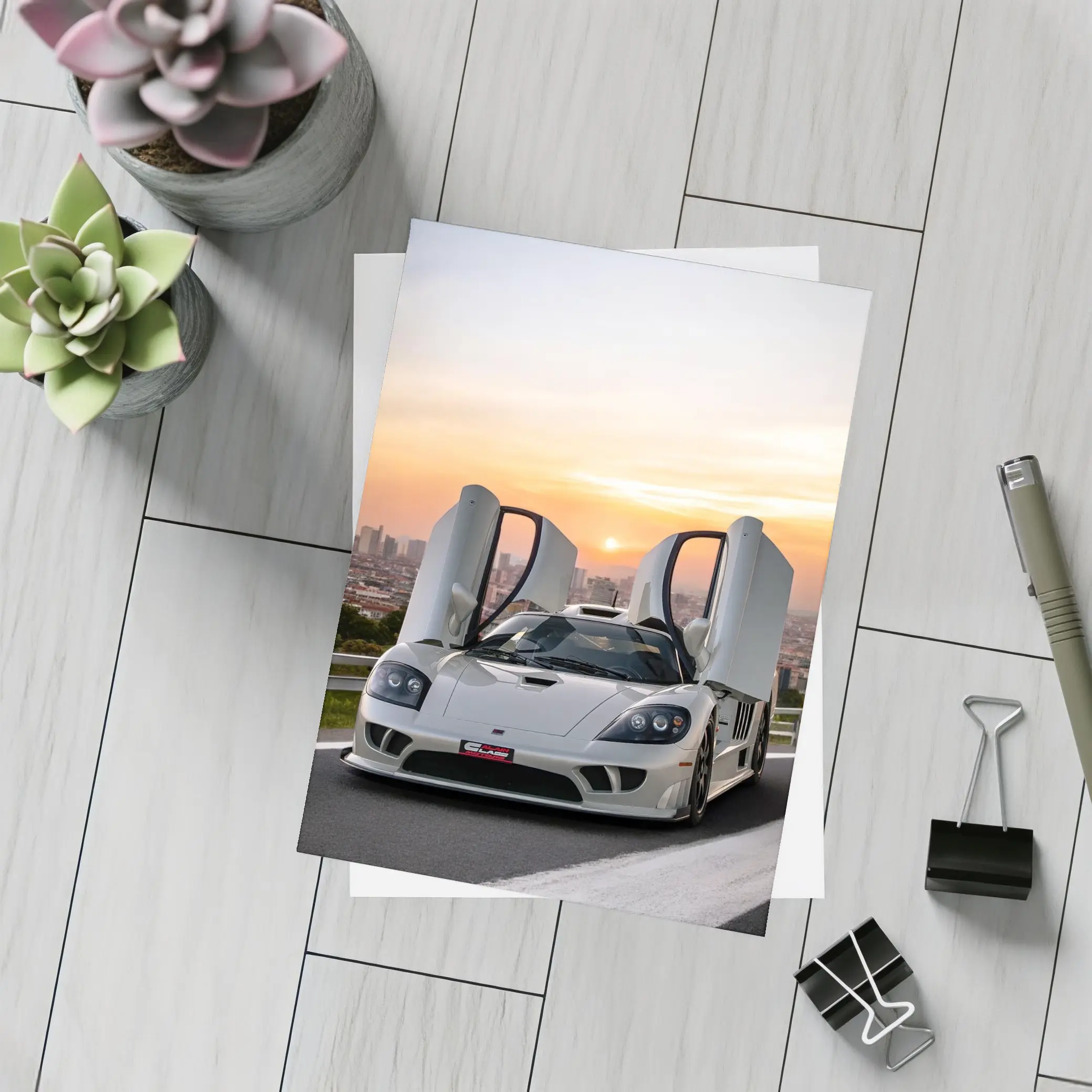 Saleen S7 White Supercar City Sunset – Postcards