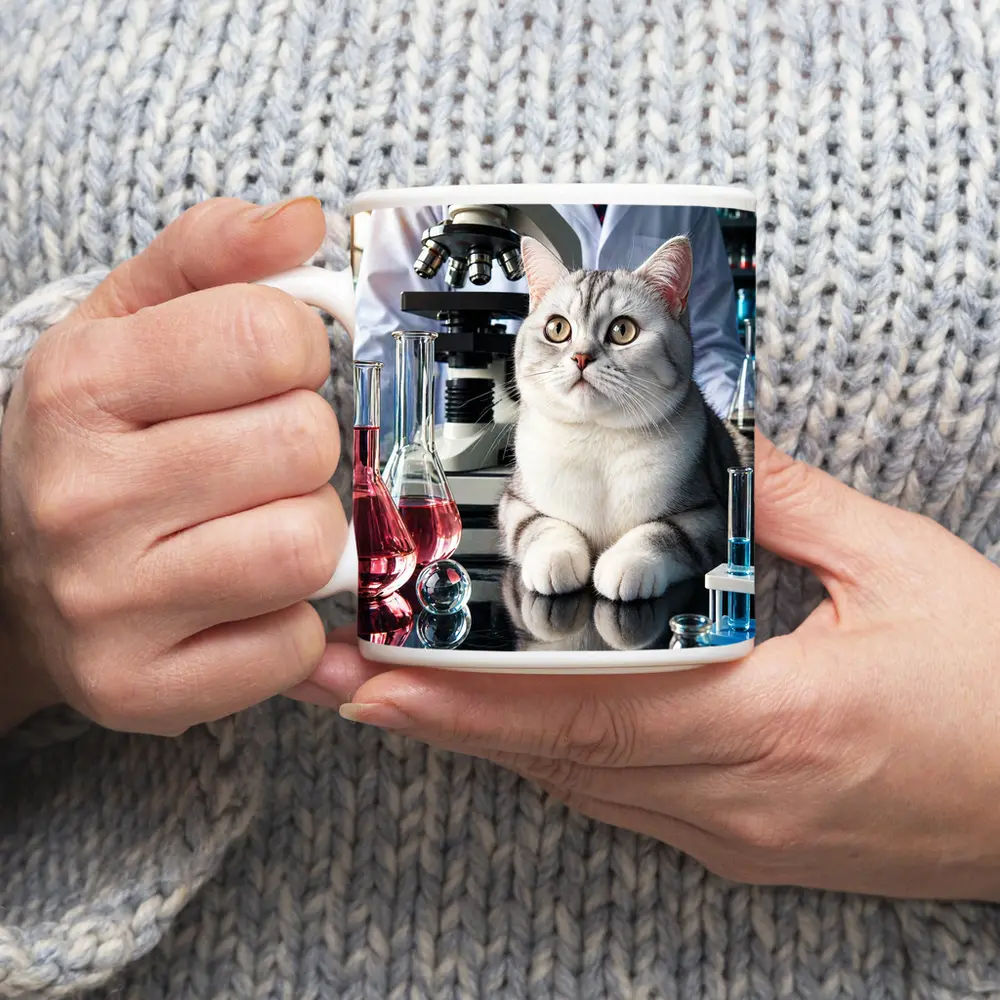 British Shorthair Cat Science Laboratory Setting – Mugs